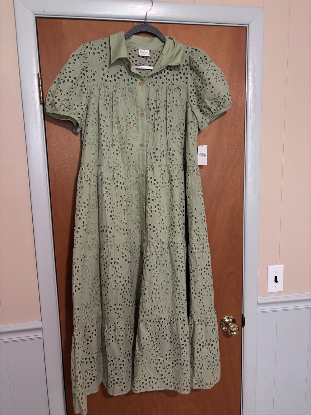 Sage Green Eyelet Midi Dress with Puff Sleeves